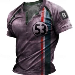 New OUKU Men's Graphic Striped Letter T shirt Henley Shirt Short Sleeve 3D Print Fashion Basic Classic Street Casual Daily Summer Blue Purple Brown Green Henley Henley T-Shirt