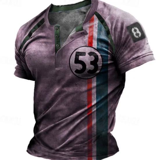 New OUKU Men's Graphic Striped Letter T shirt Henley Shirt Short Sleeve 3D Print Fashion Basic Classic Street Casual Daily Summer Blue Purple Brown Green Henley Henley T-Shirt