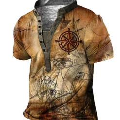 OUKU Men's Graphic T Shirt Henley Shirt Tee Short Sleeve 3D Print Designer Basic Casual Outdoor Daily Sports Summer Yellow Blue / White Brown Coffee Blue+Blue Stand Collar Henley T-Shirt