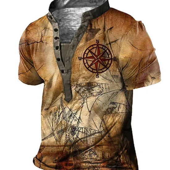 OUKU Men's Graphic T Shirt Henley Shirt Tee Short Sleeve 3D Print Designer Basic Casual Outdoor Daily Sports Summer Yellow Blue / White Brown Coffee Blue+Blue Stand Collar Henley T-Shirt