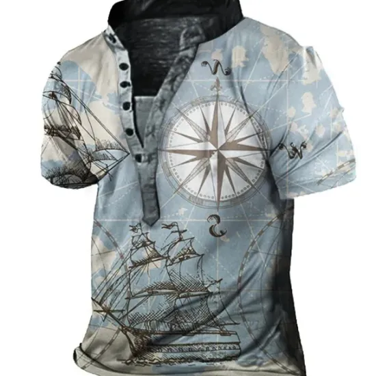 OUKU Men's Graphic T Shirt Henley Shirt Tee Short Sleeve 3D Print Designer Basic Casual Outdoor Daily Sports Summer Yellow Blue / White Brown Coffee Blue+Blue Stand Collar Henley T-Shirt