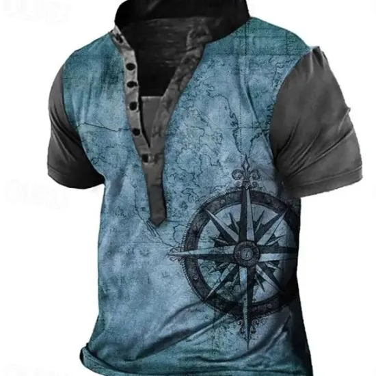 OUKU Men's Graphic T Shirt Henley Shirt Tee Short Sleeve 3D Print Designer Basic Casual Outdoor Daily Sports Summer Yellow Blue / White Brown Coffee Blue+Blue Stand Collar Henley T-Shirt