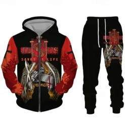 OUKU Men's Graphic Templar Cross 2pcs 3D Sweatshirt Sets Tracksuit Hoodies Long Sleeve Long pants Hooded Streetwear Designer Basic Sports & Outdoor Casual Sports Zipper Spring Fall Black White Wine