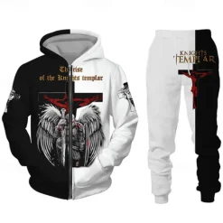 OUKU Men's Graphic Templar Cross 2pcs 3D Sweatshirt Sets Tracksuit Hoodies Long Sleeve Long pants Hooded Streetwear Designer Basic Sports & Outdoor Casual Sports Zipper Spring Fall Black White Wine