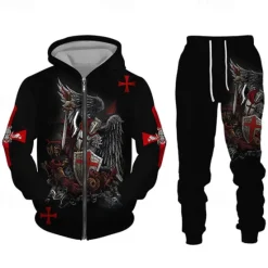 OUKU Men's Graphic Templar Cross 2pcs 3D Sweatshirt Sets Tracksuit Hoodies Long Sleeve Long pants Hooded Streetwear Designer Basic Sports & Outdoor Casual Sports Zipper Spring Fall Black White Wine