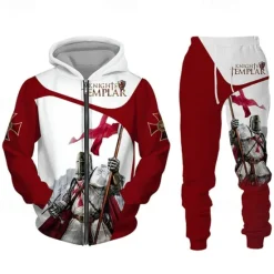 OUKU Men's Graphic Templar Cross 2pcs 3D Sweatshirt Sets Tracksuit Hoodies Long Sleeve Long pants Hooded Streetwear Designer Basic Sports & Outdoor Casual Sports Zipper Spring Fall Black White Wine