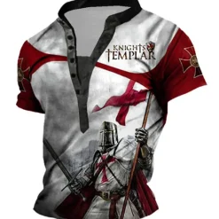 Discount OUKU Men's Graphic Templar Cross Knights Templar T Shirt Henley Shirt Tee Short Sleeve 3D Print Designer Basic Casual Outdoor Daily Sports Summer White Blue Brown Green Coffee Stand Collar Henley T-Shirt