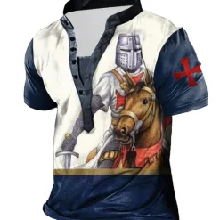 Discount OUKU Men's Graphic Templar Cross Knights Templar T Shirt Henley Shirt Tee Short Sleeve 3D Print Designer Basic Casual Outdoor Daily Sports Summer White Blue Brown Green Coffee Stand Collar Henley T-Shirt
