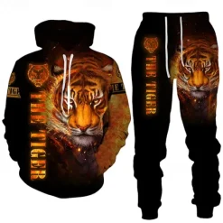 Online OUKU Men's Graphic Tiger 2pcs 3D Sweatshirt Sets Tracksuit Hoodies Long Sleeve Long pants Hooded Streetwear Basic Casual Sports & Outdoor Casual Sports Print Spring Fall Yellow / Black Yellow & Black Black