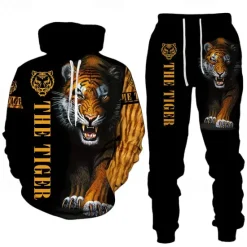Online OUKU Men's Graphic Tiger 2pcs 3D Sweatshirt Sets Tracksuit Hoodies Long Sleeve Long pants Hooded Streetwear Basic Casual Sports & Outdoor Casual Sports Print Spring Fall Yellow / Black Yellow & Black Black