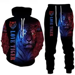Online OUKU Men's Graphic Tiger 2pcs 3D Sweatshirt Sets Tracksuit Hoodies Long Sleeve Long pants Hooded Streetwear Basic Casual Sports & Outdoor Casual Sports Print Spring Fall Yellow / Black Yellow & Black Black
