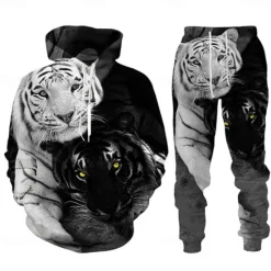 Online OUKU Men's Graphic Tiger 2pcs 3D Sweatshirt Sets Tracksuit Hoodies Long Sleeve Long pants Hooded Streetwear Designer Basic Sports & Outdoor Casual Sports Print Spring Fall Black Blue Purple