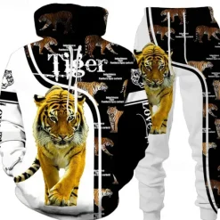 Online OUKU Men's Graphic Tiger 2pcs 3D Sweatshirt Sets Tracksuit Hoodies Long Sleeve Long pants Hooded Streetwear Basic Casual Sports & Outdoor Casual Sports Print Spring Fall White+Dark Gray Black+Light Grey