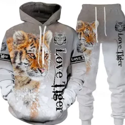 Online OUKU Men's Graphic Tiger 2pcs 3D Sweatshirt Sets Tracksuit Hoodies Long Sleeve Long pants Hooded Streetwear Basic Casual Sports & Outdoor Casual Sports Print Spring Fall White+Dark Gray Black+Light Grey