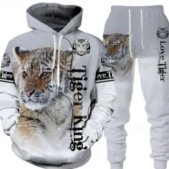 Online OUKU Men's Graphic Tiger 2pcs 3D Sweatshirt Sets Tracksuit Hoodies Long Sleeve Long pants Hooded Streetwear Basic Casual Sports & Outdoor Casual Sports Print Spring Fall White+Dark Gray Black+Light Grey