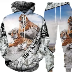 Online OUKU Men's Graphic Tiger 2pcs 3D Sweatshirt Sets Tracksuit Hoodies Long Sleeve Long pants Hooded Streetwear Basic Casual Sports & Outdoor Casual Sports Print Spring Fall White+Dark Gray Black+Light Grey