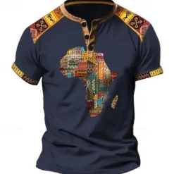 Discount OUKU Men's Graphic Tribal Henley Shirt Vintage Shirt Short Sleeve 3D Print Designer Ethnic Comfortable Outdoor Daily Summer Black Blue Brown Green Henley Henley T-Shirt