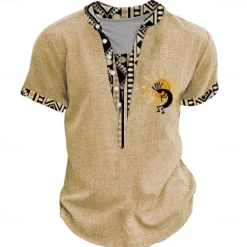 New OUKU Men's Graphic Tribal Henley Shirt Short Sleeve 3D Print Fashion Designer Basic Street Casual Daily Summer Spring Light Blue Black Green Khaki Stand Collar Henley T-Shirt