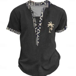 Online OUKU Men's Graphic Tribal Henley Shirt Short Sleeve 3D Print Fashion Designer Basic Street Casual Daily Summer Spring Light Blue Black Light Green Khaki Henley Henley T-Shirt