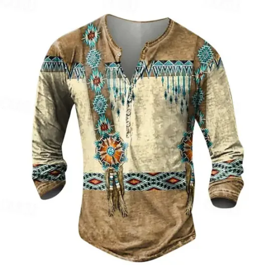 Sale OUKU Men's Graphic Tribal Henley Shirt Long Sleeve 3D Print Daily Ethnic Casual Casual Holiday Going out Spring & Fall Henley Henley T-Shirt Khaki