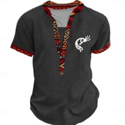 Discount OUKU Men's Graphic Tribal Henley Shirt Short Sleeve 3D Print Fashion Designer Basic Daily Summer Light Blue Black Green Khaki Henley Henley T-Shirt