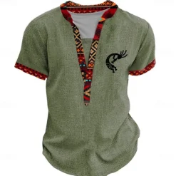 Discount OUKU Men's Graphic Tribal Henley Shirt Short Sleeve 3D Print Fashion Designer Basic Daily Summer Light Blue Black Green Khaki Henley Henley T-Shirt