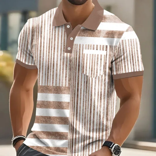 Hot OUKU Men's Graphic Vertical Stripes Polo Short Sleeve Polo Shirts Collared Shirts Business Casual Outdoor Athleisure Daily Wear Buttons 3D Print Summer Blue Brown Green
