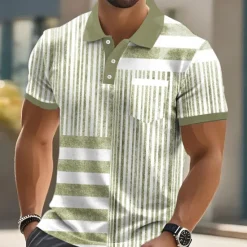 Hot OUKU Men's Graphic Vertical Stripes Polo Short Sleeve Polo Shirts Collared Shirts Business Casual Outdoor Athleisure Daily Wear Buttons 3D Print Summer Blue Brown Green