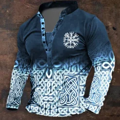 Online OUKU Men's Graphic Viking Henley Shirt Long Sleeve 3D Printing Daily Retro Vintage Casual Holiday Going out Festival Spring & Fall Black Blue Brown Green Henley Henley T-Shirt