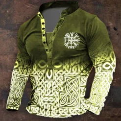 Online OUKU Men's Graphic Viking Henley Shirt Long Sleeve 3D Printing Daily Retro Vintage Casual Holiday Going out Festival Spring & Fall Black Blue Brown Green Henley Henley T-Shirt