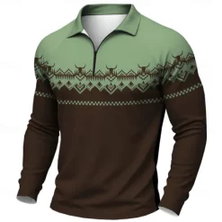 Outlet OUKU Men's Graphic Western Wear Polo Long Sleeve Polo Shirts Casual Western Style Outdoor Daily Wear 3D Print Quarter Zip Polo Spring Fall Winter Black Blue Brown
