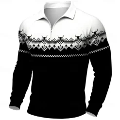 Outlet OUKU Men's Graphic Western Wear Polo Long Sleeve Polo Shirts Casual Western Style Outdoor Daily Wear 3D Print Quarter Zip Polo Spring Fall Winter Black Blue Brown