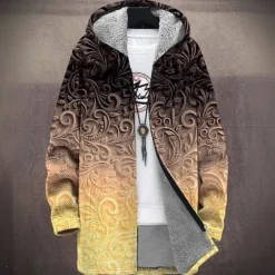 Discount OUKU Men's Graphic Winter Coat Fleece Jacket Coat Thermal Warm Comfortable Casual Daily Wear Zipper Pocket 3D Print Fall Winter Hooded Long Sleeve Blue Orange Brown