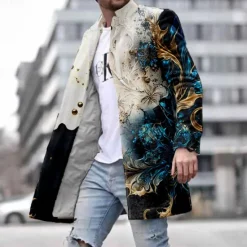 Clearance OUKU Men's Graphic Winter Coat Fleece Jacket Overcoat Thermal Comfortable Artistic Party Evening Wear Daily Wear Buttons 3D Print Front Pocket Winter Turndown Long Sleeve Blue