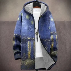 OUKU Men's Graphic Winter Coat Fleece Jacket Coat Thermal Warm Comfortable Casual Daily Wear Zipper Pocket 3D Print Fall Winter Hooded Long Sleeve Red Blue Light Blue
