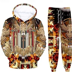 Discount OUKU Men's Graphic Wolf Bohemian Style 2pcs 3D Sweatshirt Sets Tracksuit Hoodies Long Sleeve Long pants Hooded Streetwear Designer Basic Sports & Outdoor Casual Sports Print Spring Fall Blue Orange Brown