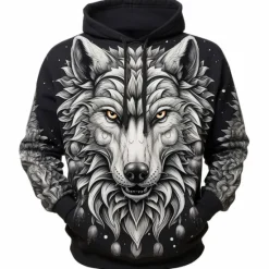 Online OUKU Men's Graphic Wolf Hoodie Hoodies Sweatshirt Fashion Daily Long Sleeve Hooded Vacation Sports Outdoor Holiday Blue Dark Blue Print Front Pocket Spring & Fall Designer
