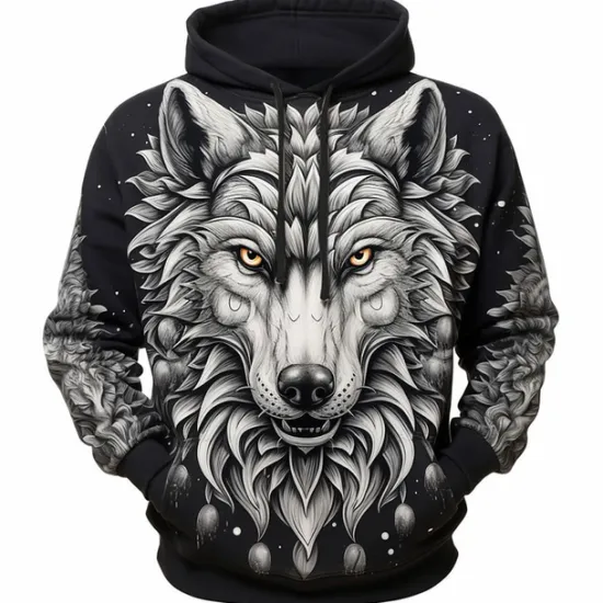 Online OUKU Men's Graphic Wolf Hoodie Hoodies Sweatshirt Fashion Daily Long Sleeve Hooded Vacation Sports Outdoor Holiday Blue Dark Blue Print Front Pocket Spring & Fall Designer