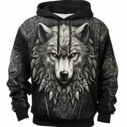 Online OUKU Men's Graphic Wolf Hoodie Hoodies Sweatshirt Fashion Daily Long Sleeve Hooded Vacation Sports Outdoor Holiday Blue Dark Blue Print Front Pocket Spring & Fall Designer