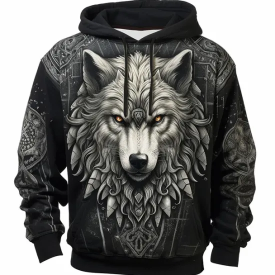 Online OUKU Men's Graphic Wolf Hoodie Hoodies Sweatshirt Fashion Daily Long Sleeve Hooded Vacation Sports Outdoor Holiday Blue Dark Blue Print Front Pocket Spring & Fall Designer