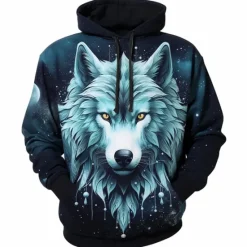 Online OUKU Men's Graphic Wolf Hoodie Hoodies Sweatshirt Fashion Daily Long Sleeve Hooded Vacation Sports Outdoor Holiday Blue Dark Blue Print Front Pocket Spring & Fall Designer