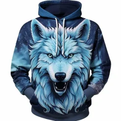 Online OUKU Men's Graphic Wolf Hoodie Hoodies Sweatshirt Fashion Daily Long Sleeve Hooded Vacation Sports Outdoor Holiday Blue Dark Blue Print Front Pocket Spring & Fall Designer
