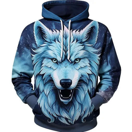 Online OUKU Men's Graphic Wolf Hoodie Hoodies Sweatshirt Fashion Daily Long Sleeve Hooded Vacation Sports Outdoor Holiday Blue Dark Blue Print Front Pocket Spring & Fall Designer