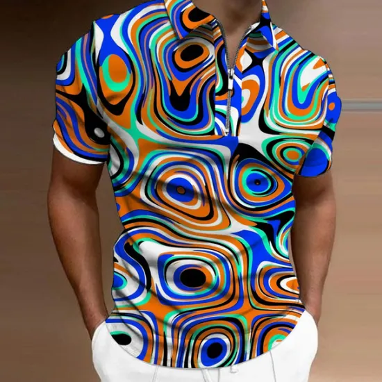 Outlet OUKU Men's Graphic Zip Polo Shirts Golf Shirt Short Sleeve Polo Shirts Collared Shirts Casual Vacation Wear Rave Wear Party Outfits 3D Print Quarter Zip Polo Sea Blue Red Blue