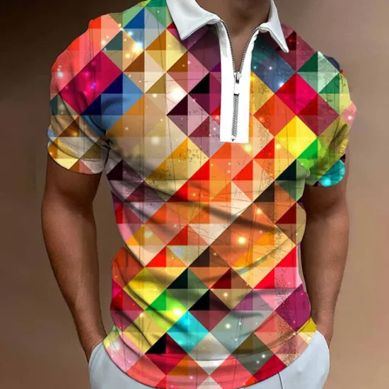Hot OUKU Men's Graphic Zip Polo Shirts Golf Shirt Short Sleeve Polo Shirts Collared Shirts Casual Vacation Wear Rave Wear Party Outfits 3D Print Quarter Zip Polo White Yellow Pink