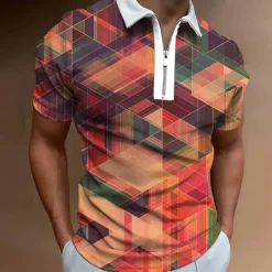 Hot OUKU Men's Graphic Zip Polo Shirts Golf Shirt Short Sleeve Polo Shirts Collared Shirts Casual Vacation Wear Rave Wear Party Outfits 3D Print Quarter Zip Polo White Yellow Pink