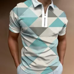 Hot OUKU Men's Graphic Zip Polo Shirts Golf Shirt Short Sleeve Polo Shirts Collared Shirts Casual Vacation Wear Rave Wear Party Outfits 3D Print Quarter Zip Polo White Yellow Pink