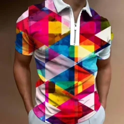 Hot OUKU Men's Graphic Zip Polo Shirts Golf Shirt Short Sleeve Polo Shirts Collared Shirts Casual Vacation Wear Rave Wear Party Outfits 3D Print Quarter Zip Polo White Yellow Pink
