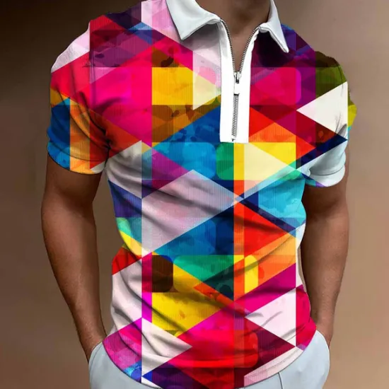 Hot OUKU Men's Graphic Zip Polo Shirts Golf Shirt Short Sleeve Polo Shirts Collared Shirts Casual Vacation Wear Rave Wear Party Outfits 3D Print Quarter Zip Polo White Yellow Pink