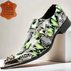 New OUKU Men's Green Snake Print Leather Slip-On Loafers with Metal Buckle and Decorative Toe Cap - Premium Cowhide Exotic Style Dress Shoes for Parties and Formal Events Black Green
